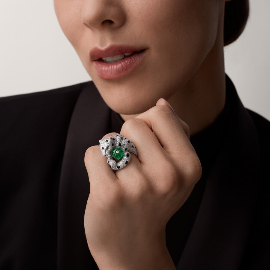 anello panthère de cartier smeraldo taglio melone pavé